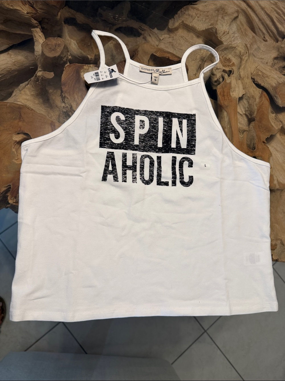 Express White Tank Top with Black "SPIN AHOLIC" Graphic